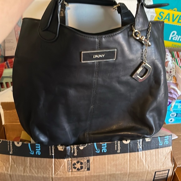 DKNY Black Textured Shoulder Bag with Metal Plate - Picture 1 of 6